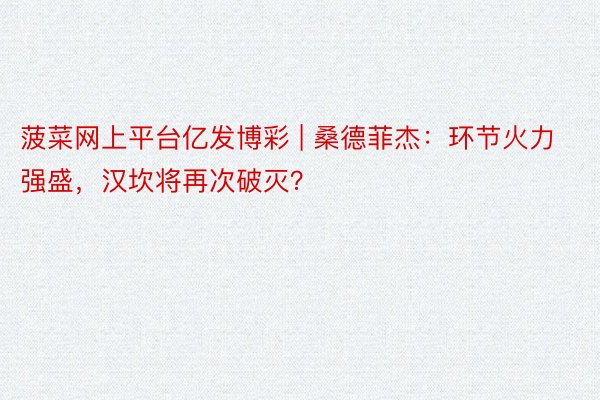 菠菜网上平台亿发博彩 | 桑德菲杰：环节火力强盛，汉坎将再次破灭？